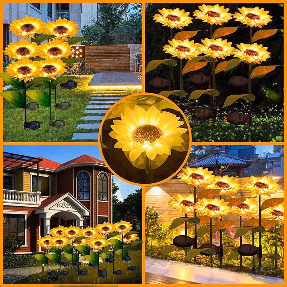 VOGREX 2-Pack Solar Powered LED Sunflower Stake Lights in Yellow with 3 Heads and Ground Spike – 2