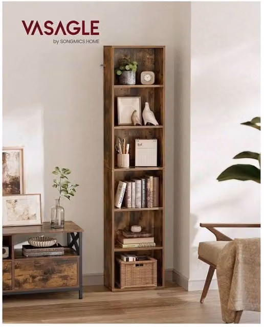 VASAGLE 6-Tier Bronze and Brown Bookcase with Adjustable Shelves, H 178.5 x W 40 x D 24 cm