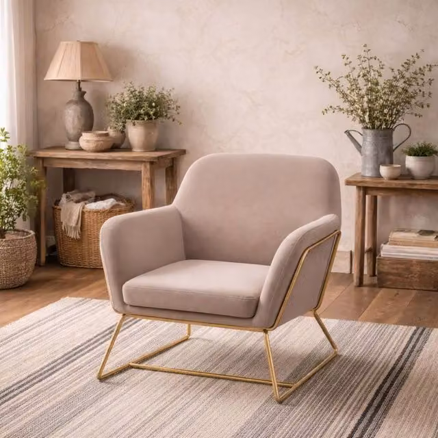 Wyld Haus Marseille Beige Velvet Armchair with Matt Gold Metal Legs W/D/H: 76.5 x 67.5 x 75.5 cm