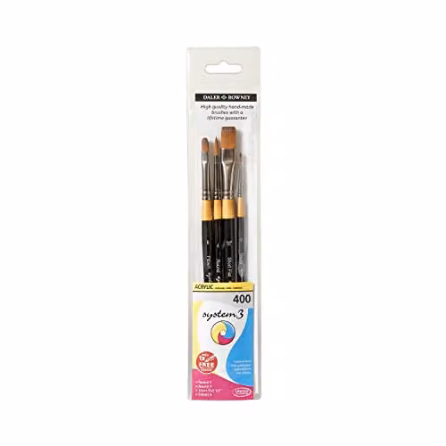 Daler-Rowney System3 Synthetic Hair Short-Handle Acrylic Brush Wallet Set, 4 Assorted White Brushes
