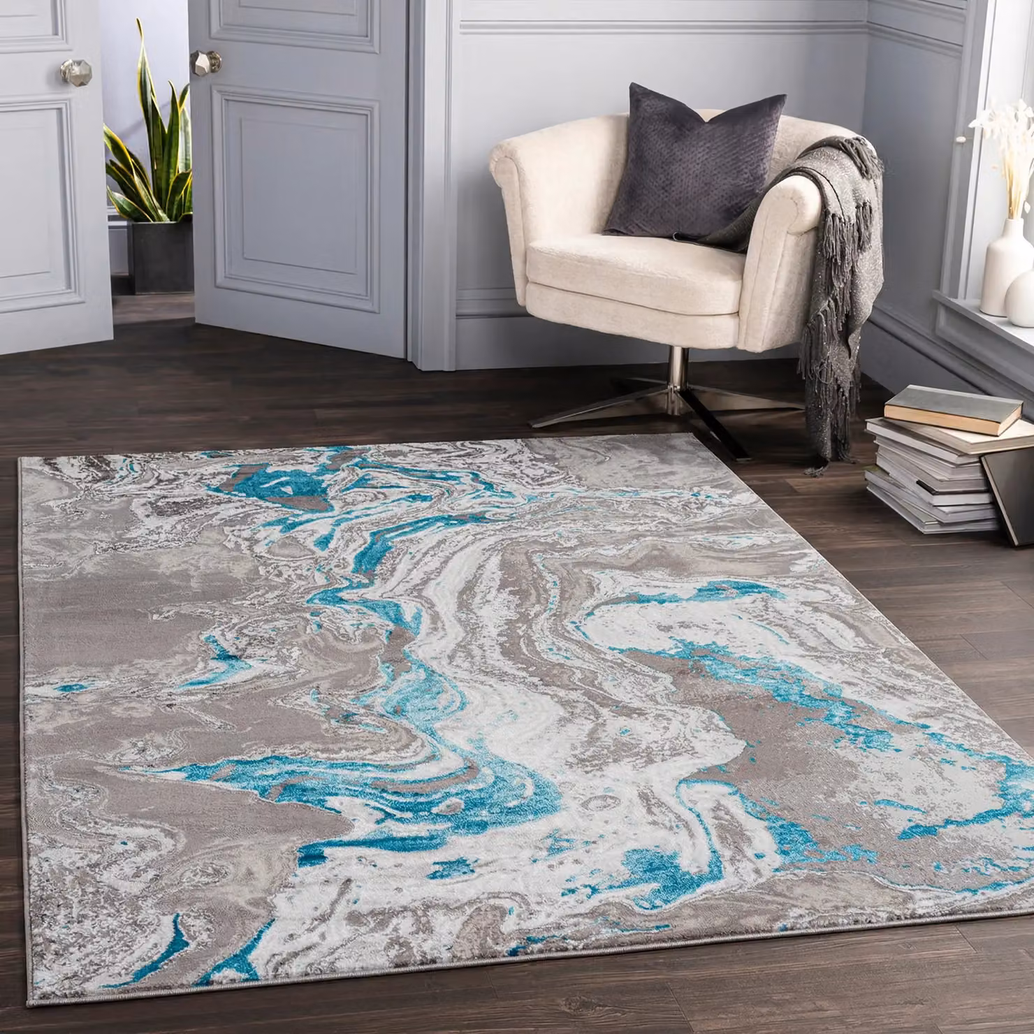 Livabliss Lustro Abstract Modern Marble Rug in Blue, Grey, Beige and Petrol, W: 120 cm, L: 170 cm – 2