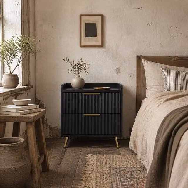 Wyld Haus Vevele Black 2 Drawer Ribbed Bedside Table with Gold Accents