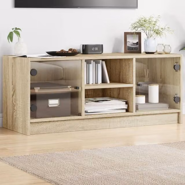 Berkfield Home TV Cabinet with Glass Doors in Sonoma Oak Brown, W/D/H: 102 x 37 x 42 cm