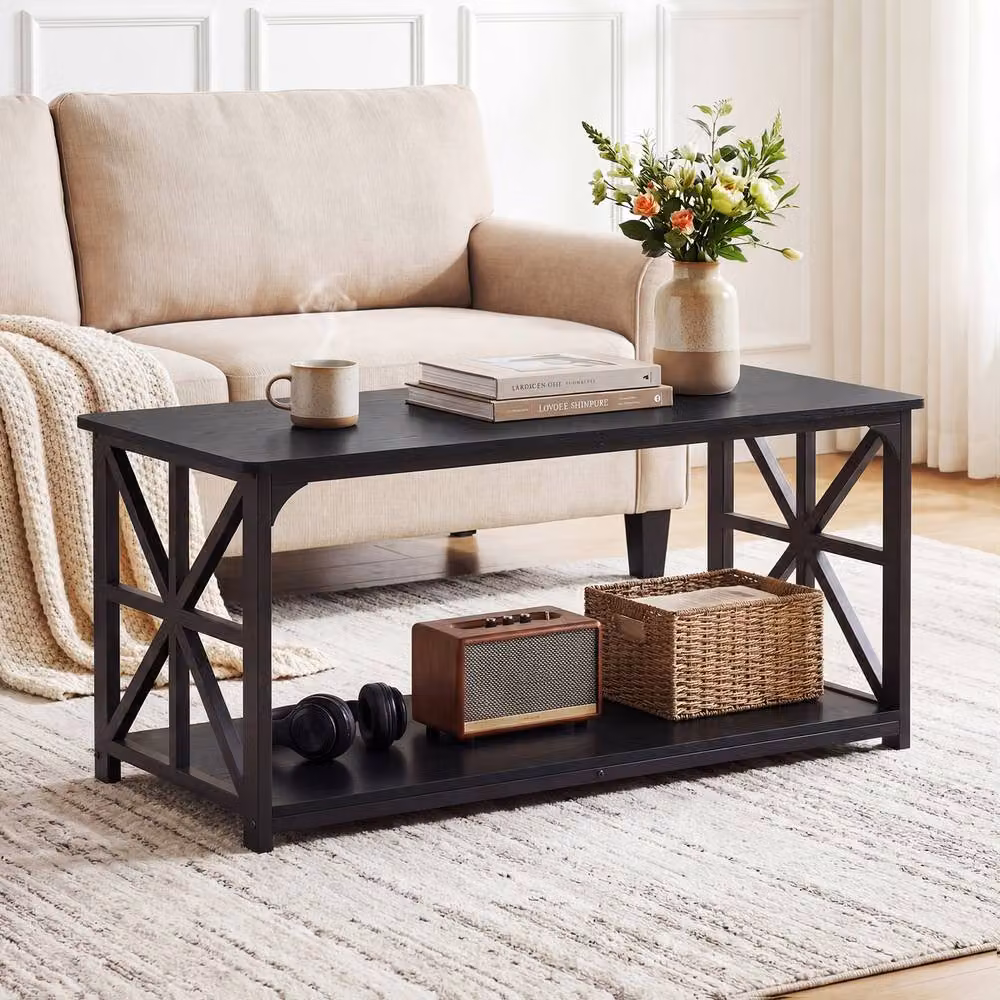 Gymax Industrial Farmhouse Coffee Table with 2-Tier Open Storage Shelf in Black – 5