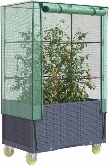 Berkfield Home Raised Bed with Cover and Wheels in Black Rattan Look, W/D/H: 80 x 50 x 182 cm – 1