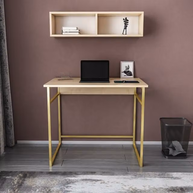 Decorotika Hussum Modern Computer Desk in Gold and Oak
