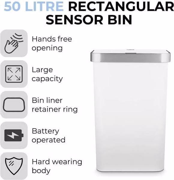 Tower 50L Rectangular ABS Sensor Bin in White, H: 63.5 cm, W: 38.0 cm, D: 26.0 cm – 1