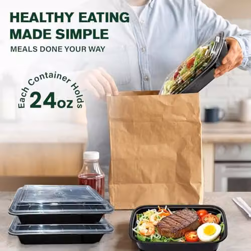 ECONX 20 Pack Black Plastic Meal Prep Food Storage Containers with Airtight Lids, 24oz Each – 4