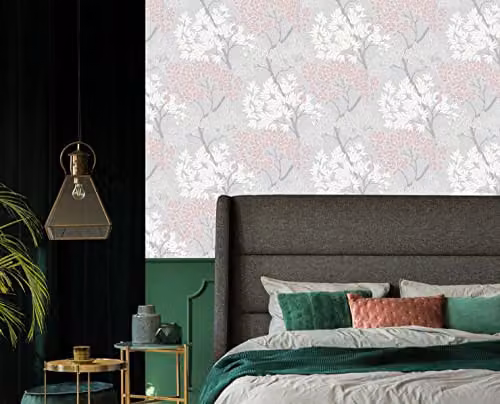 Fresco Lykke Tree Pink Floral Scandinavian Botanical Wallpaper in Pink, White and Grey – 2