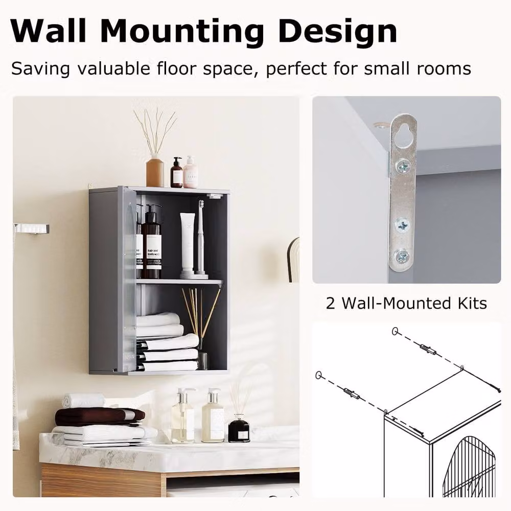 Costway Grey Wooden Wall Mounted Bathroom and Medicine Cabinet with Glass Doors – 4