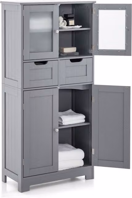 Gymax Tall Grey Bathroom Cabinet with Double Hinged Doors and 2 Drawers – 1