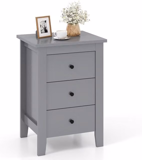 Gymax 3-Drawer Wooden Bedside Table and Nightstand in Grey