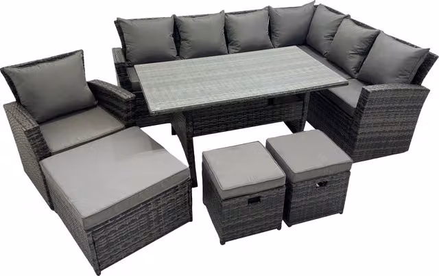 Fimous 10 Seater Patio Dining Corner Sofa Set in Dark Grey Anthracite Rattan and Metal with Glass – 1