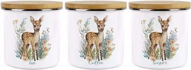 Purely Home Baby Deer Floral Ceramic Kitchen Canister Set of 3 in White