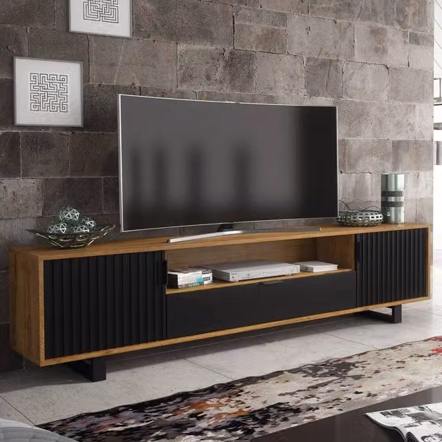 Creative Furniture Blackridge TV Unit in Dark Oak and Black, W: 200 cm, H: 45 cm, D: 35 cm