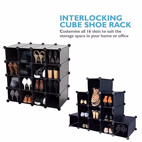 AMOS 16 Pair Interlocking Cube Shoe Storage Rack Organiser with Back Panels in Black – 4