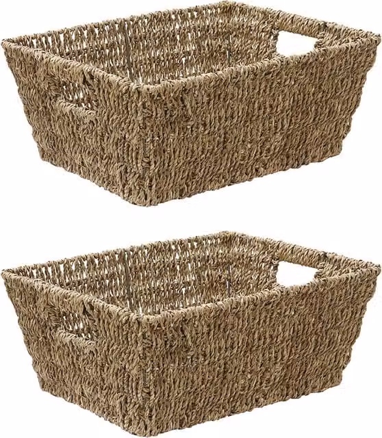 JVL Open Weave Seagrass Storage Basket, Orange, Pack of 2