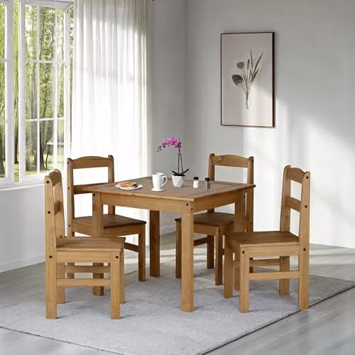Seconique Panama Rustic Waxed Pine Dining Set with Table and 4 Chairs in Brown and Black – 4