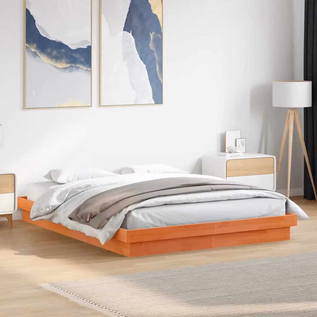 Berkfield Home King Size Solid Wood LED Bed Frame in Wax Brown with Under-Bed Lighting and USB Charging Port, W/D/H: 150 x 200 cm – 3