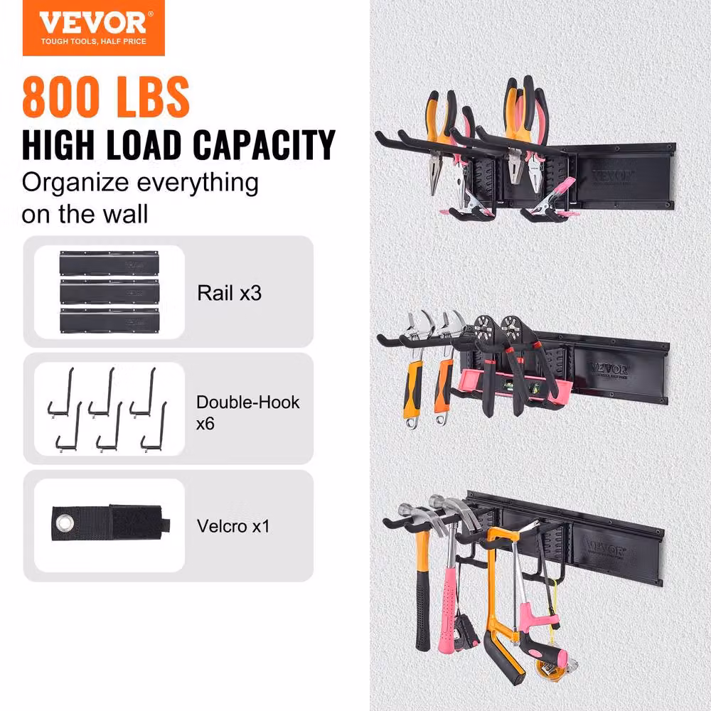 VEVOR Heavy Duty Wall Mount Steel Tool Organizer in Black with 6 Adjustable Hooks – 2