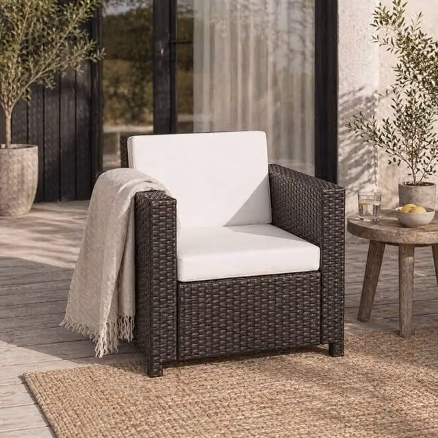 Wyld Haus Rado Mixed Brown PE Rattan Single Outdoor Armchair with Cream Cushions – 1