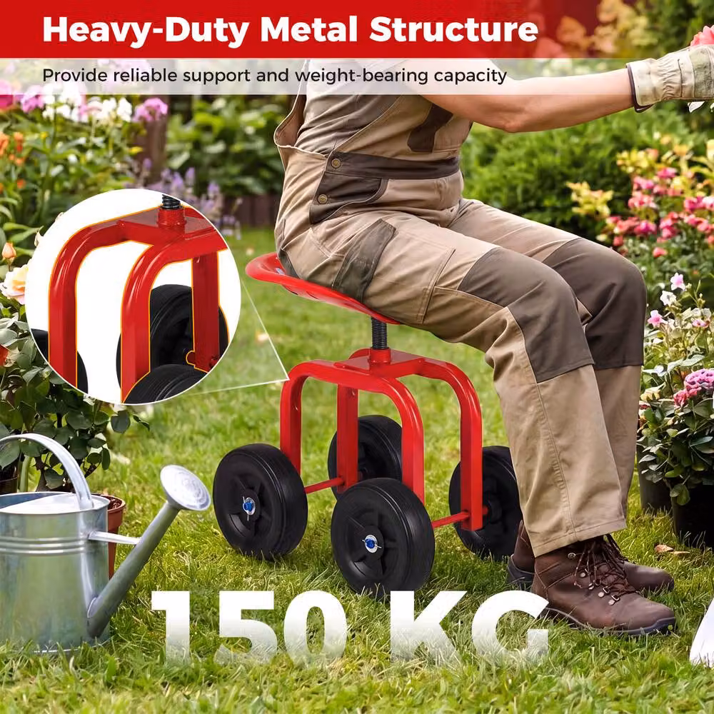 Costway Garden Cart Rolling Wagon Scooter with Height Adjustable Seat in Red – 3