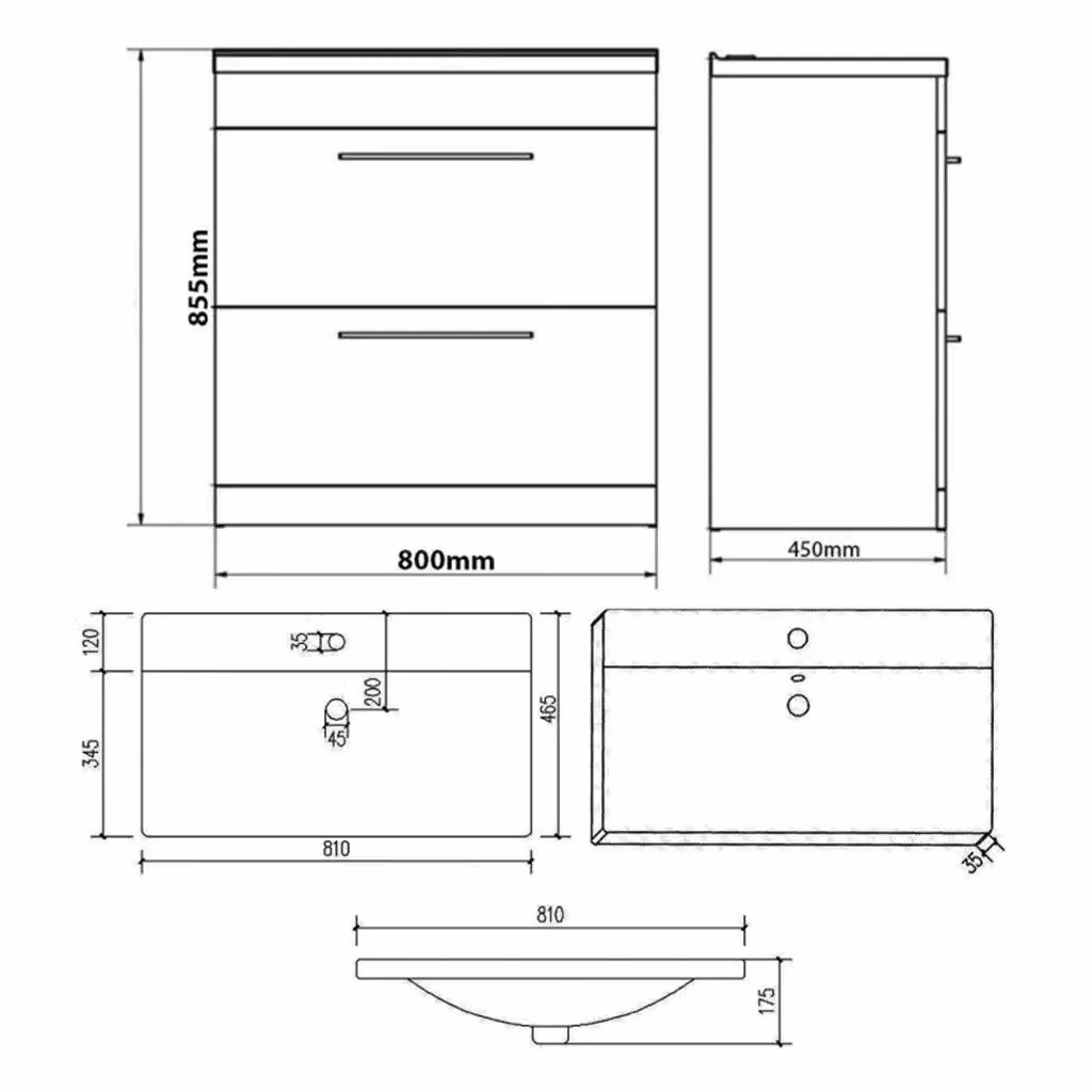 Clifton Silver Oak 2 Drawer Standing Unit with Ceramic Basin, Light Grey, Width: 80 cm – 2