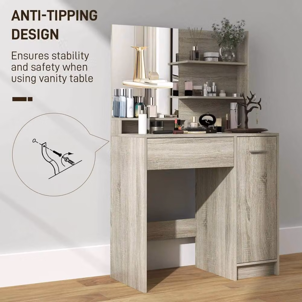 Wyld Haus Marini Wood Effect Dressing Table and Padded Stool with Storage in Brown and Sand – 5