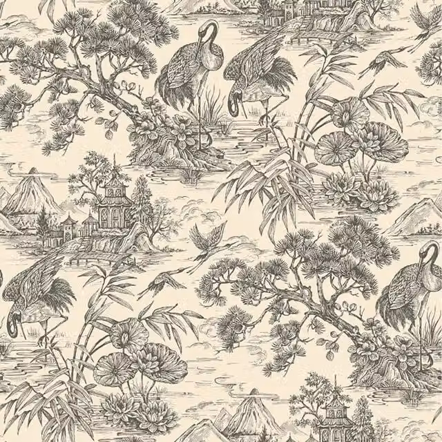 Holden Decor Crane Lagoon Birds Floral Botanical Wallpaper in Beige, Anthracite and Black
