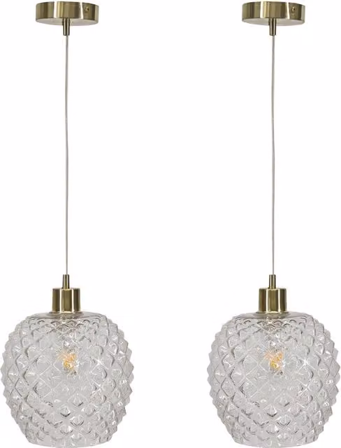 First Choice Lighting Baine Set of 2 Suspended Pendant Lights with Transparent Glass and Gold/Brass Fittings – 1