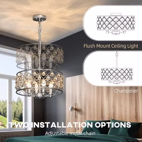 HOMCOM Modern Crystal Chandelier in Silver with Adjustable Height and 4-Light E14 Base – 4