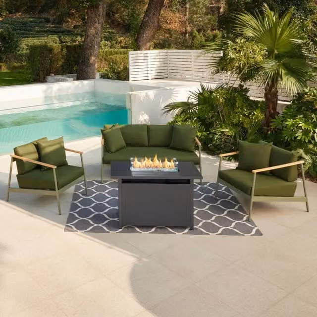 Porta Aluminium Garden Conversation Set in Green and Grey with Teak Wood Accents, including Sofa, 2 Chairs, 2 Coffee Tables and Fire Pit Table
