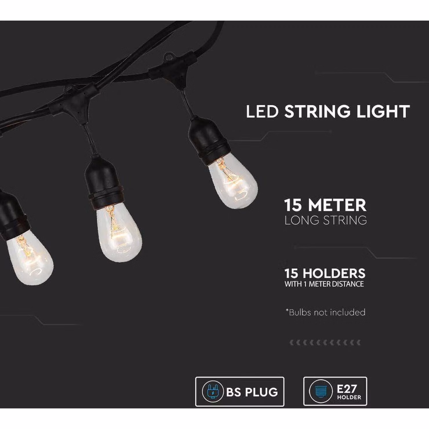 V-TAC Connectable Vintage LED String Light with Warm White Glass Drops, Black – 4