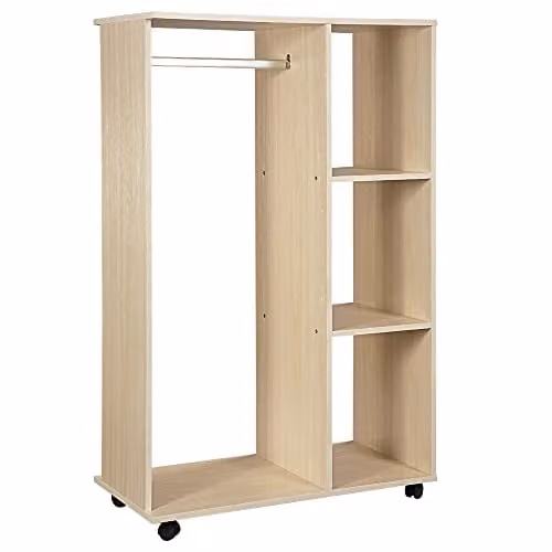 HOMCOM Rolling Open Wardrobe with Hanging Rail and Storage Shelves in Sand – 1