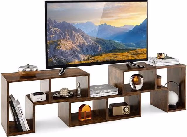 COSTWAY Modern Brown Corner TV Stand with Media Compartments