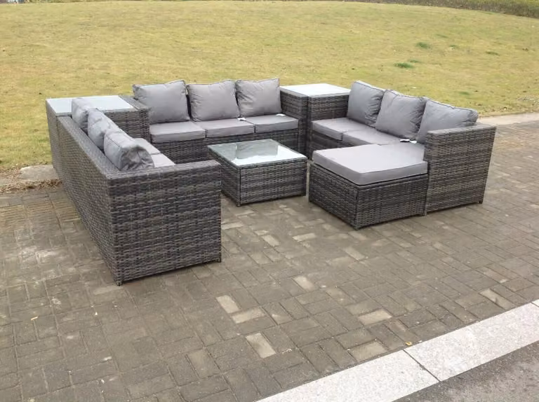 Fimous 10 Seater U-Shaped Rattan Outdoor Sofa Set with 3 Tables in Dark Grey