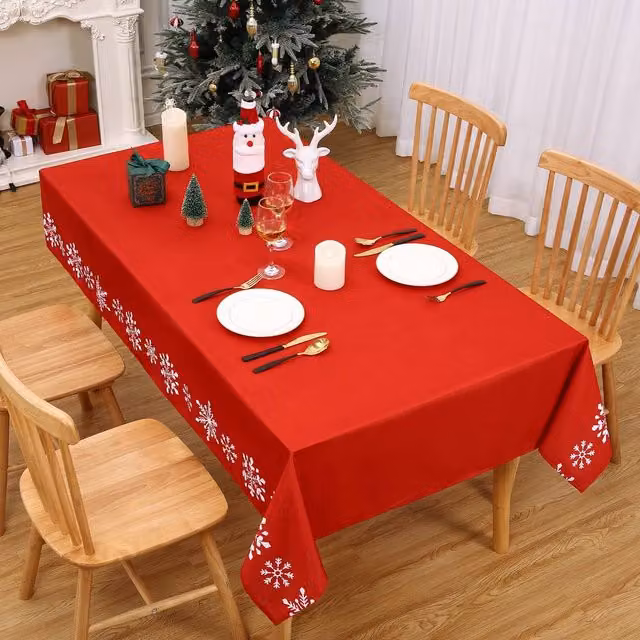 London Boutique Christmas Snowflake Tablecloth in Red, White and Green, W: 137.16 cm x D: 177.8 cm, Rectangular, Washable Polyester