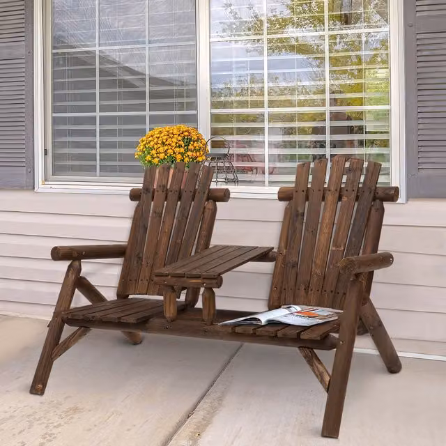 Outsunny Rustic Wood Patio Bench with 2 Seats and Centre Coffee Table in Carbonised Brown and Orange