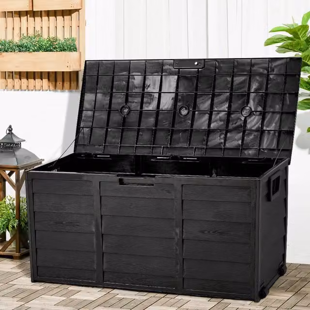 Livingandhome Modern Matt Black Plastic Outdoor Lockable Garden Storage Box with Lid