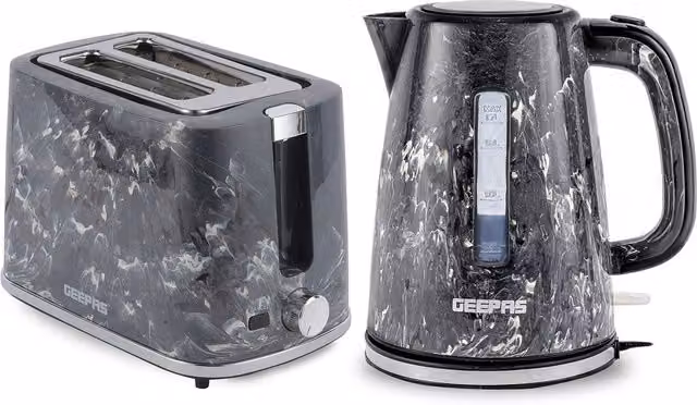 Geepas Skye Collection 1.7L Kettle and 2 Slice Bread Toaster Combo Set in Black Stainless Steel