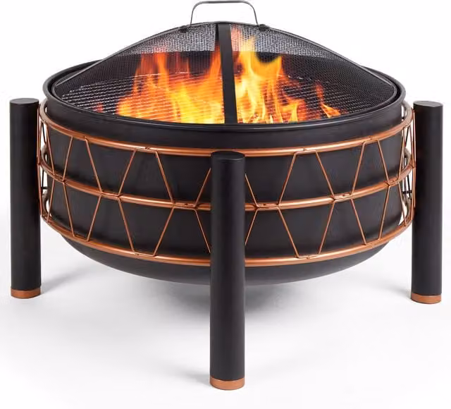 Vonhaus Black Steel Fire Bowl with Copper Rim, Diameter: 54 cm