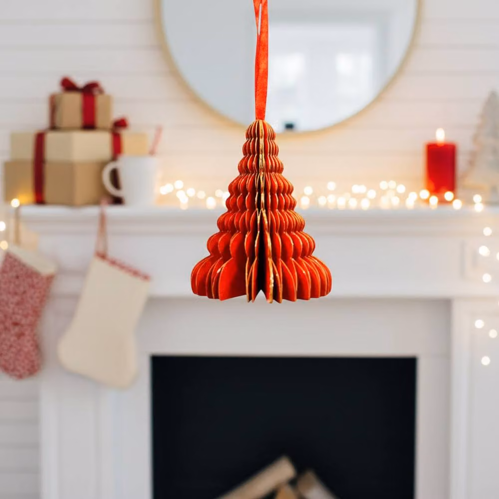 Four Candle Set of 6 Red and Gold Honeycomb Paper Christmas Tree Hanging Ornaments – 2
