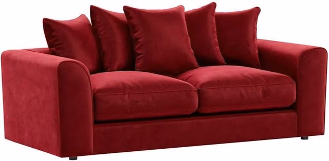 Furnishings For Less UK Brooklyn 3 Seater Sofa in Red Plush Velvet Fabric with Scatter Cushions – 1