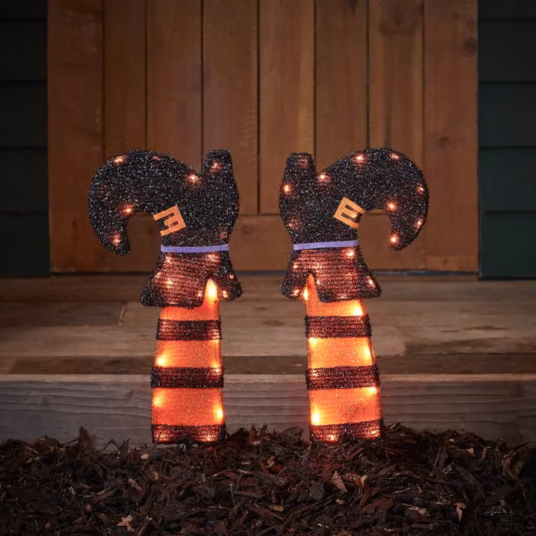 Lights4fun Halloween Witches Legs LED Battery Operated Garden Stake Lights, Black and Orange, Height: 45 cm
