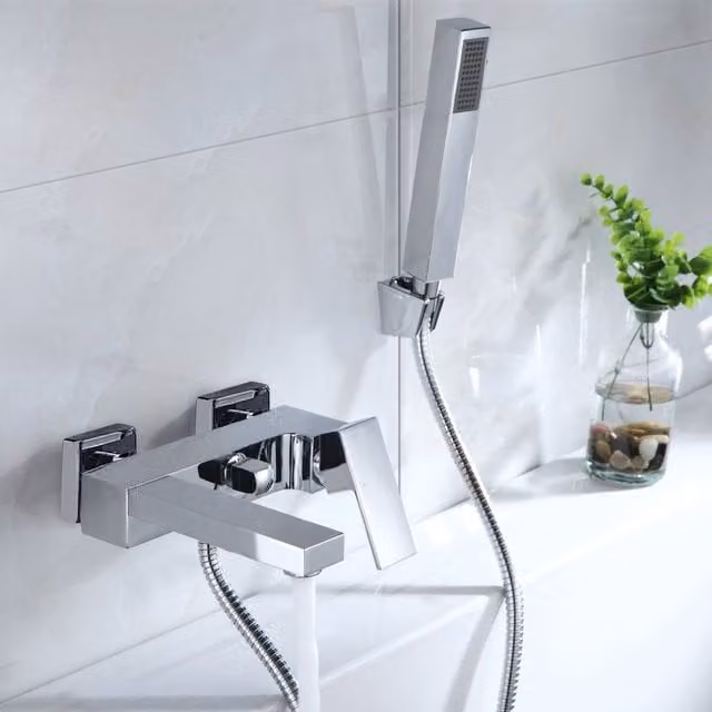 Nes Home Lunar Wall Mounted Single Lever Bath Shower Mixer Tap and Handset Kit in Chrome Silver