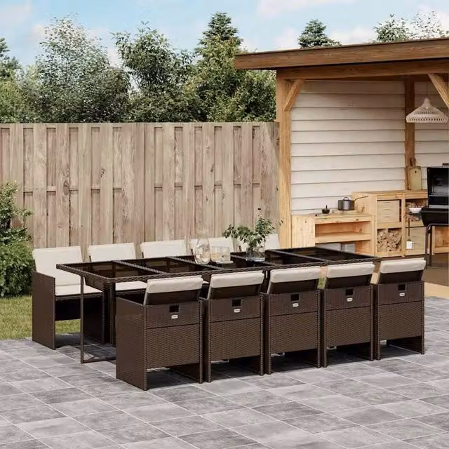 Berkfield Home 11 Piece Brown Poly Rattan Garden Dining Set with Cushions and Glass Tabletop
