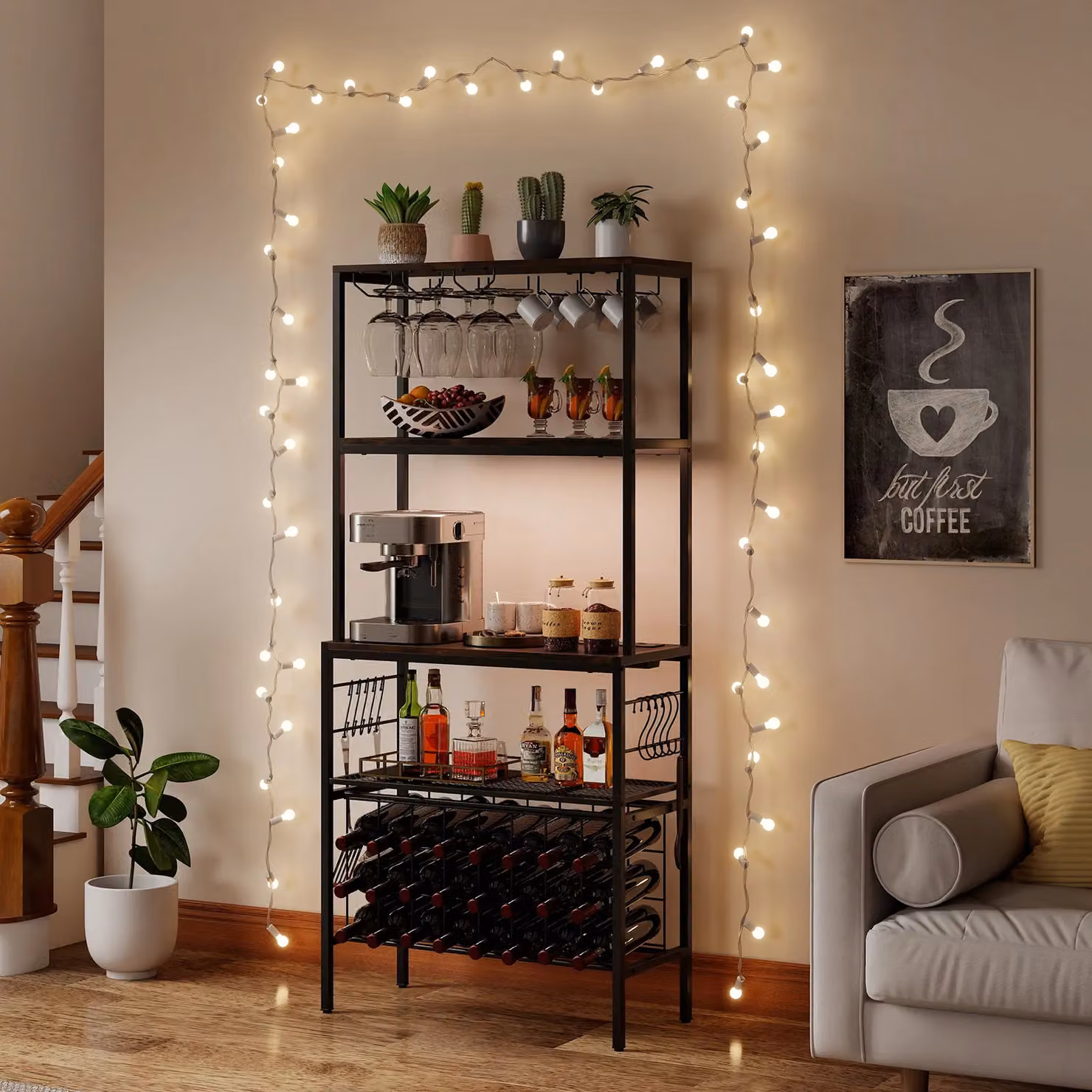 Costway Multi-Tier Industrial Wine Organizer and Bakers Rack with Power Outlet in Brown – 3