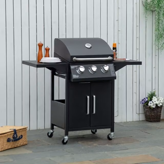 Outsunny 3 Burner Gas BBQ Grill with Warming Rack, Thermometer and Wheels, Black, W/D/H: 121 x 55 x 109 cm