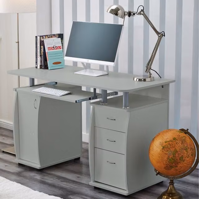 RayGar Wicklow Computer Desk with Cabinet and 3 Drawers in Grey