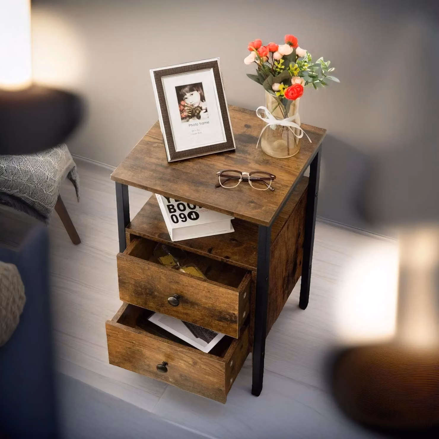 Rafaelo Mobilia Industrial Bedside Table with 2 Drawers in Brown and Black, W/D/H: 40 x 40 x 61 cm – 2
